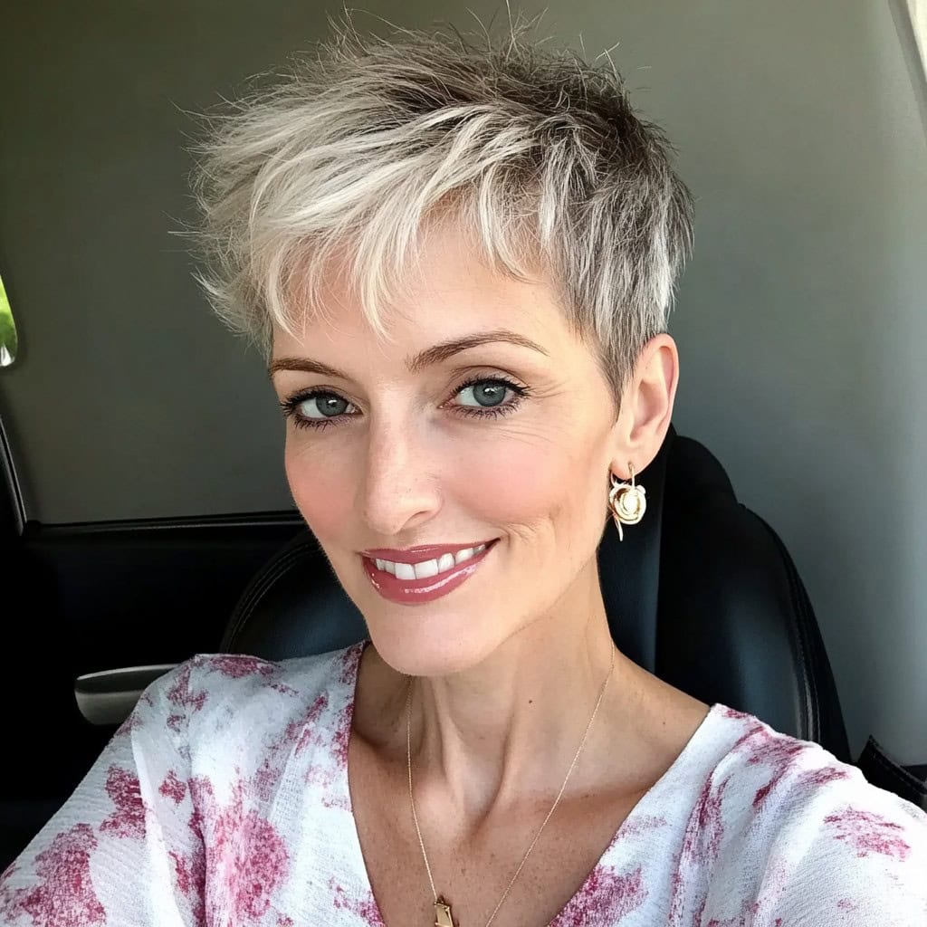 A woman with a tousled pixie cut and frosted bangs, smiling while seated in a car.