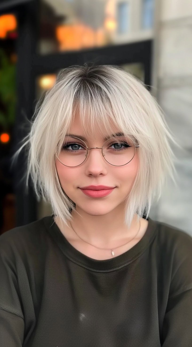 A woman with a pale platinum bob featuring wispy, tapered ends and a soft, eyelash-grazing fringe.