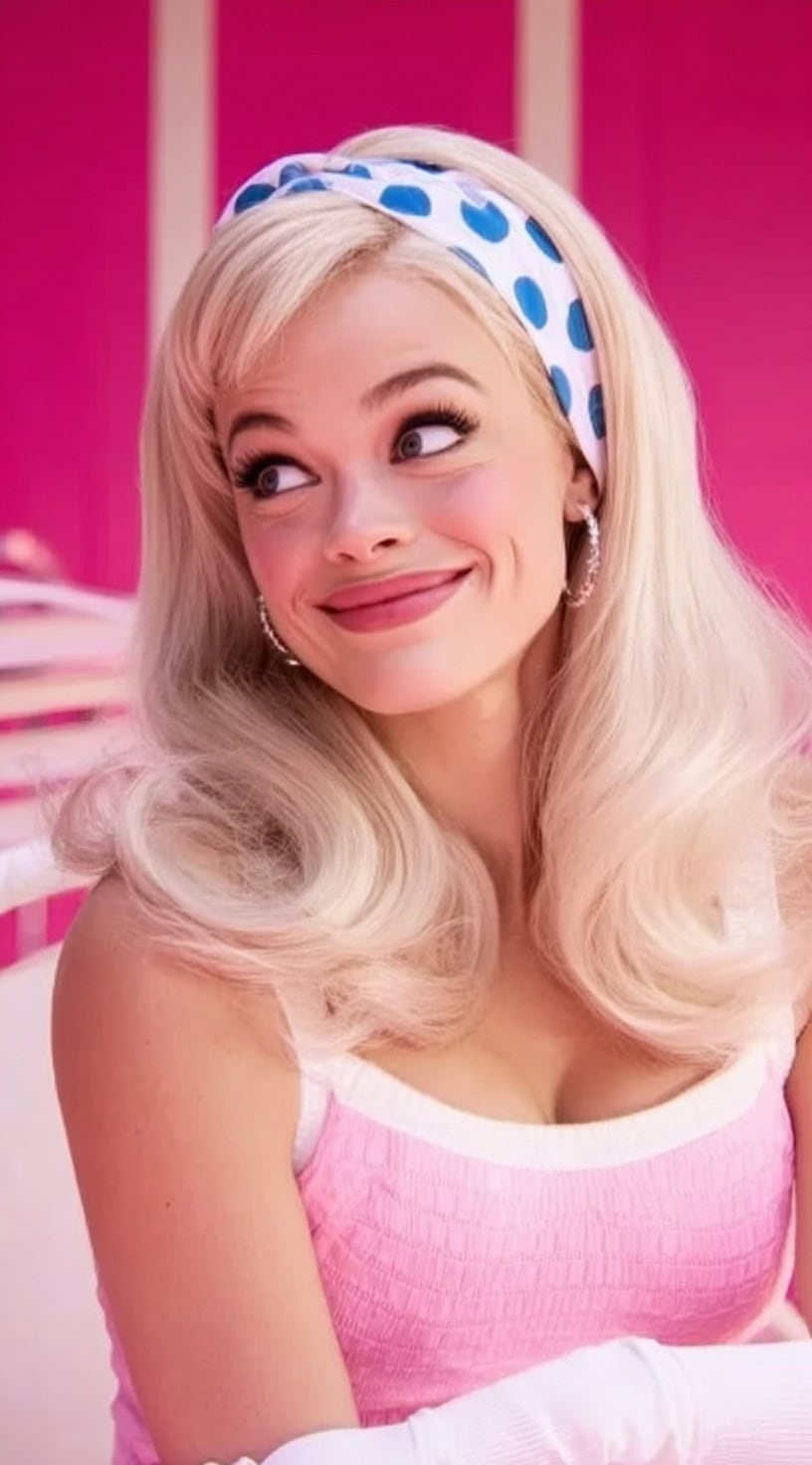 A woman with bouncy vintage curls and a voluminous style, accessorized with a blue-and-white polka-dot headband and pink outfit.