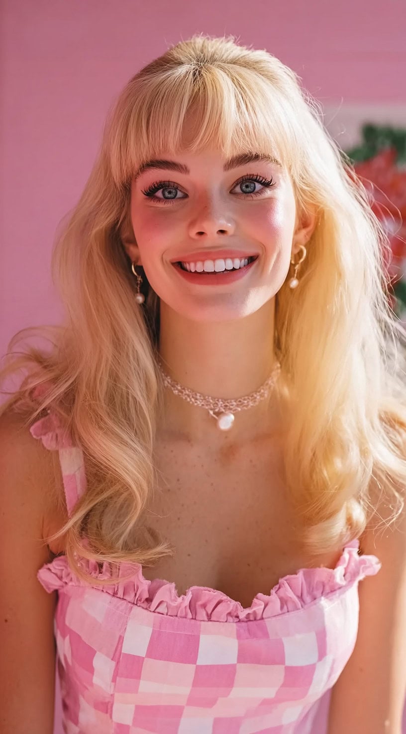 A woman with long, soft blonde curls and short, wispy baby bangs, wearing a pink gingham dress and pearl accessories.