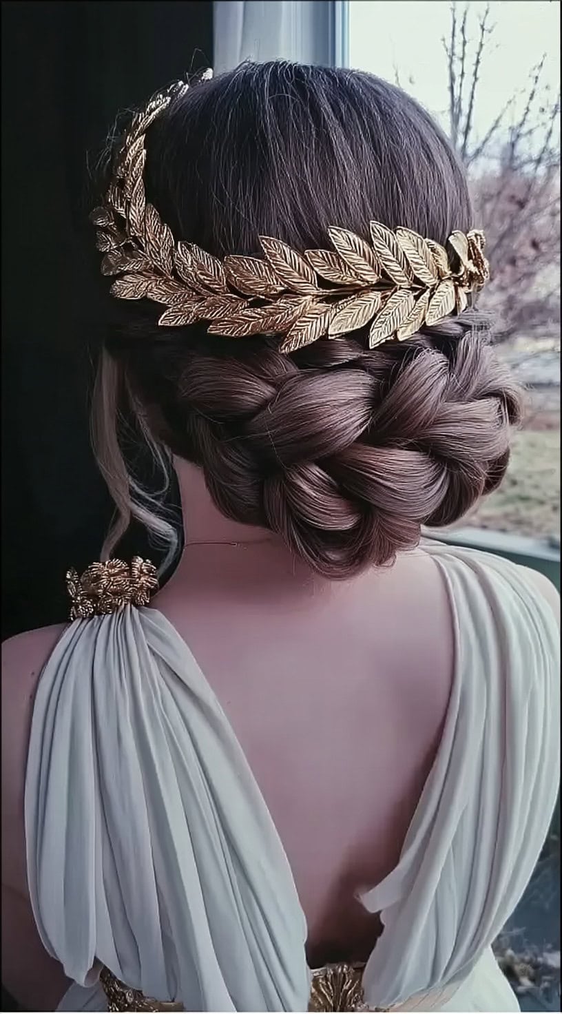 Back view of a woman with a thick braided halo bun and a large golden leaf crown.
