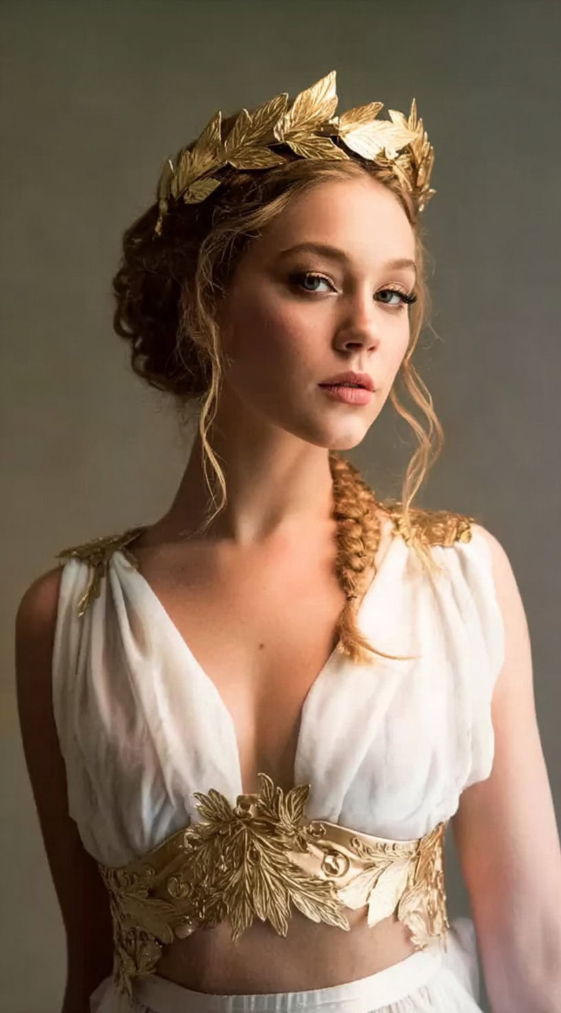 Front-facing image of a woman with a crown braid, loose waves, and a golden laurel headband.