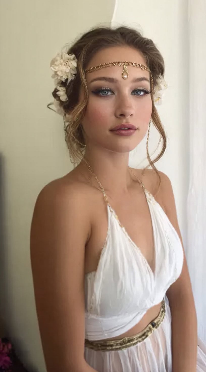 Front-facing image of a woman with a low bun, side-swept pieces, flower accents, and a forehead-hugging gold chain.