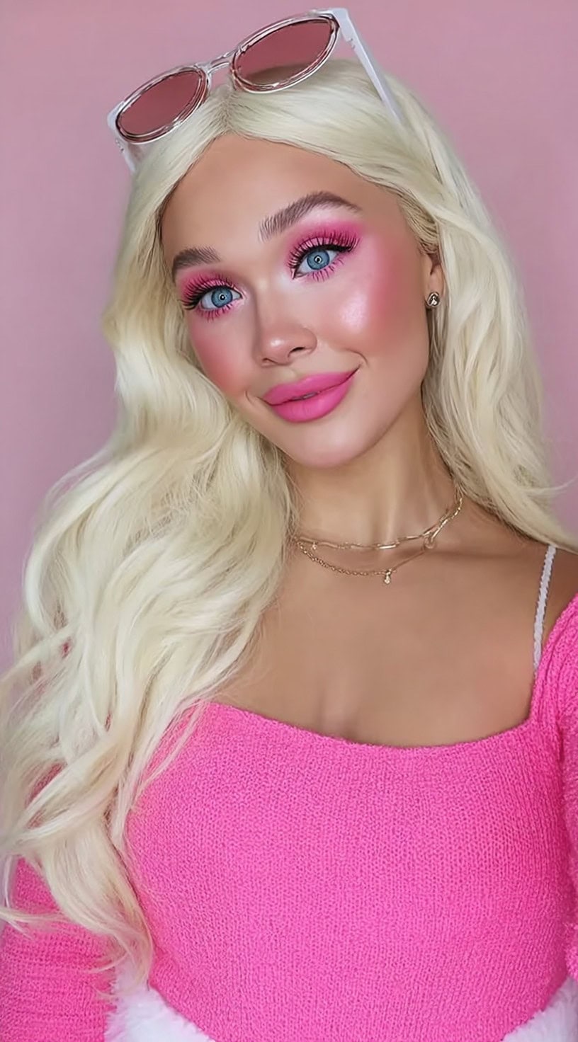 A woman with platinum blonde hair styled in long, flowing waves, wearing bold pink eye shadow and lipstick, with pink sunglasses perched on her head.