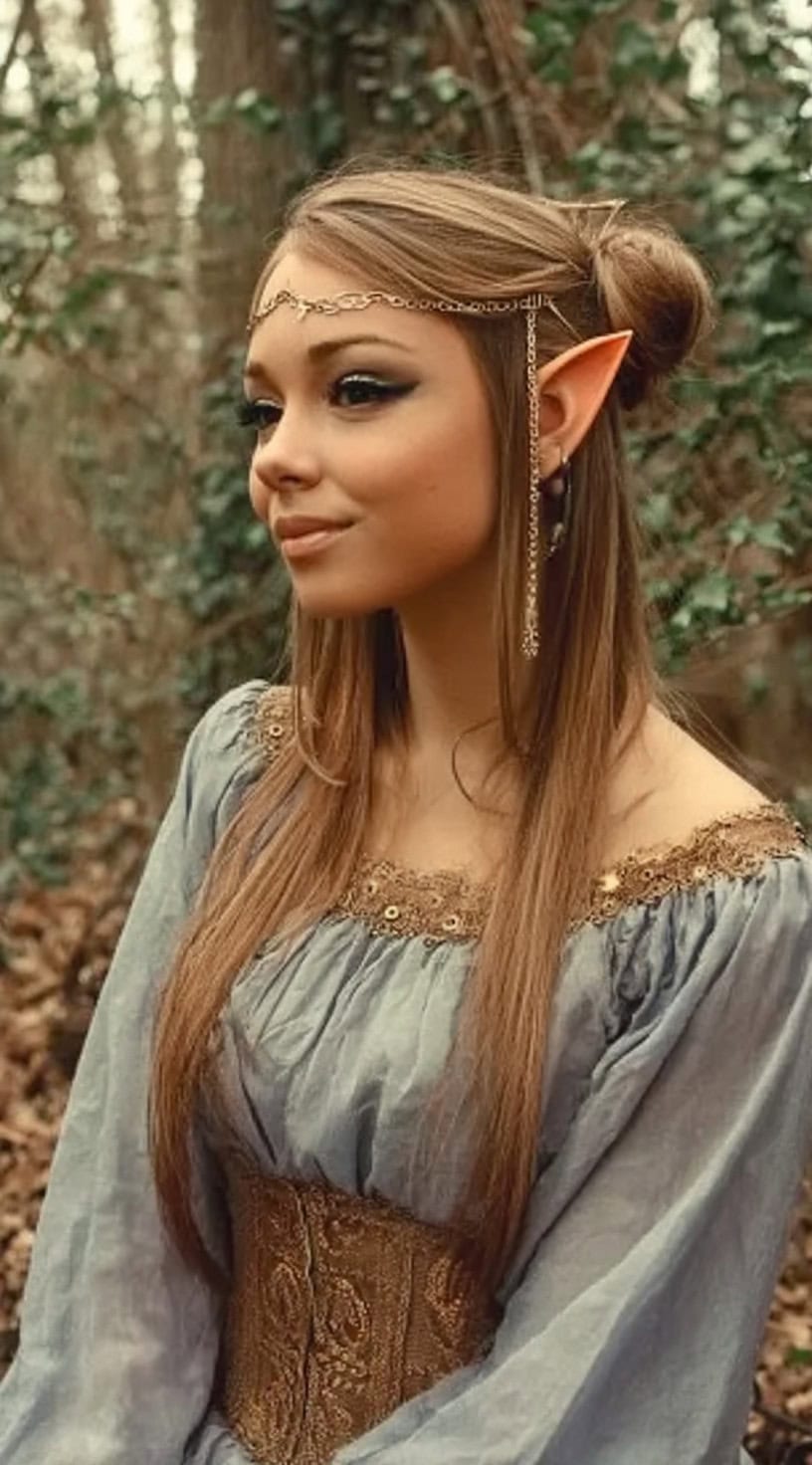A woman with sleek straight hair styled in a half-up bun, elf ears, and a draped gold chain headpiece standing in the woods.