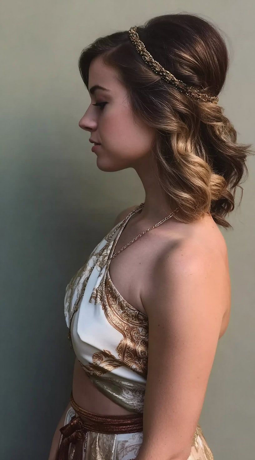 Side profile of a woman with softly curled hair styled half-up and topped with a gold braided headband.