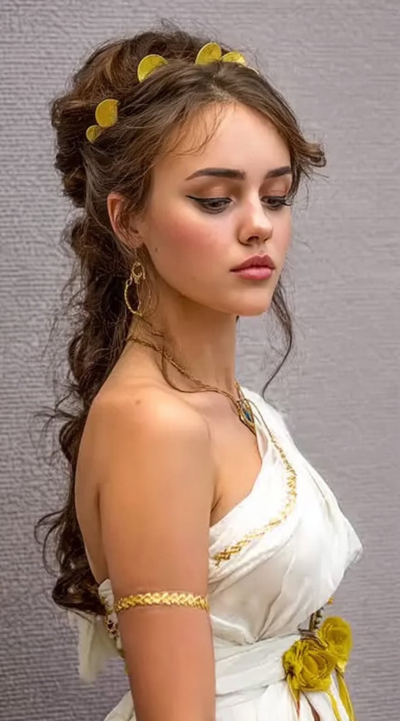 Side profile of a woman with a voluminous half-up ponytail styled in ringlets, topped with a circular gold headband.
