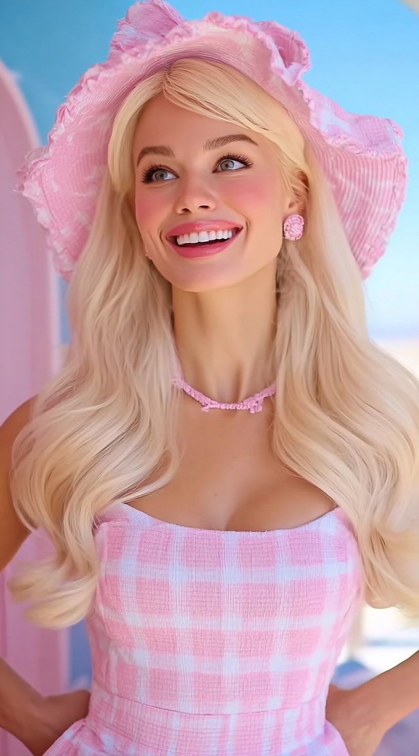 A woman with long, soft blonde waves wearing a pink gingham dress and a matching frayed sun hat, smiling brightly.