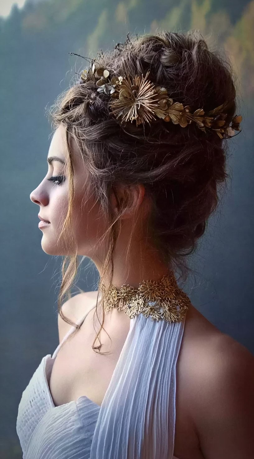 Side profile of a woman with a messy crown braid and natural golden floral accents pinned along the braid.