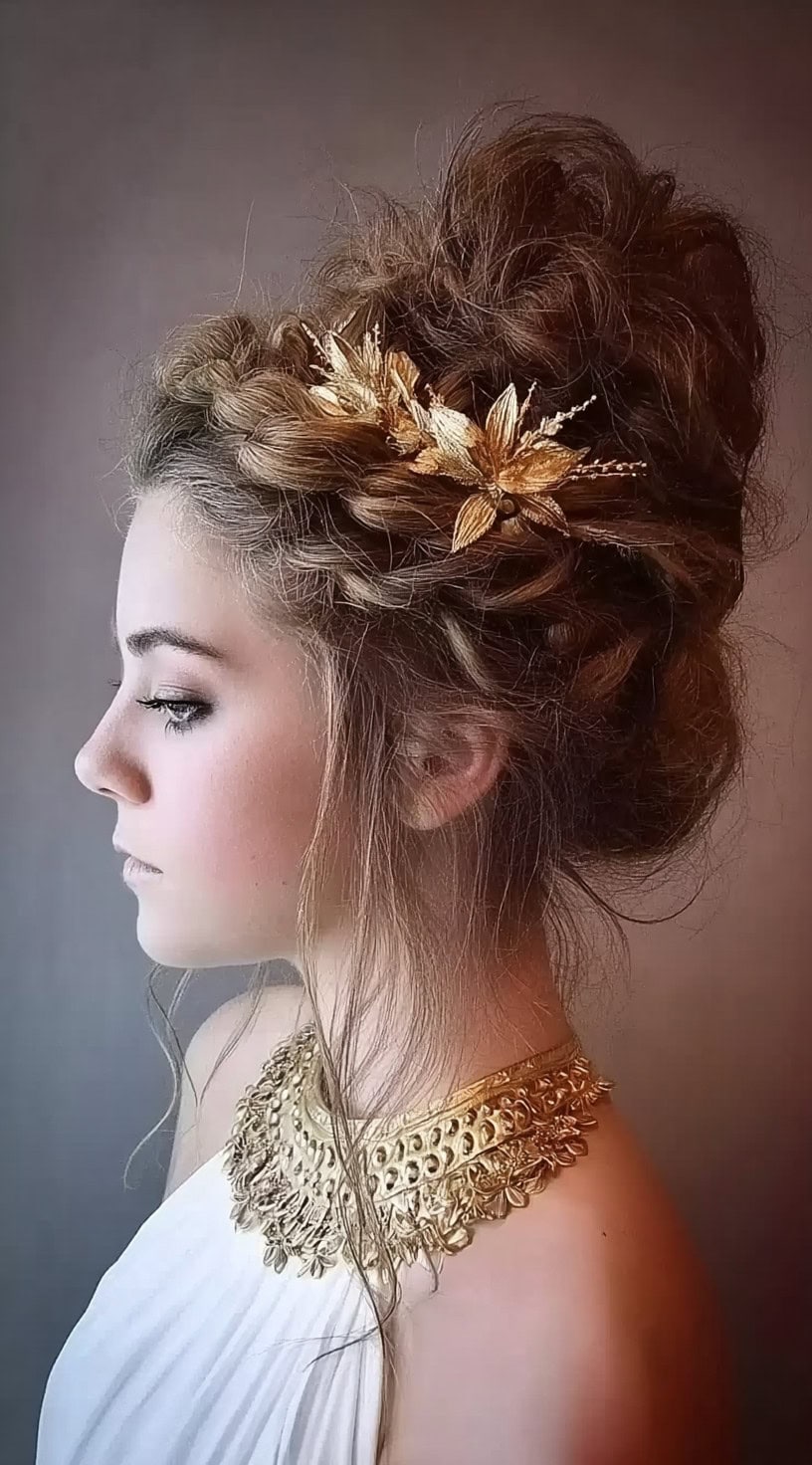 Side view of an intricate updo with braids, loose curls, and golden floral hair accessories.