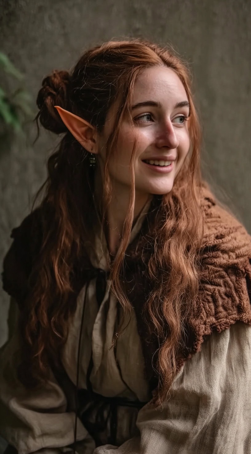 A red-haired woman with elf ears, styled in a casual half-up look with soft waves and a woven shawl over natural-toned clothing.