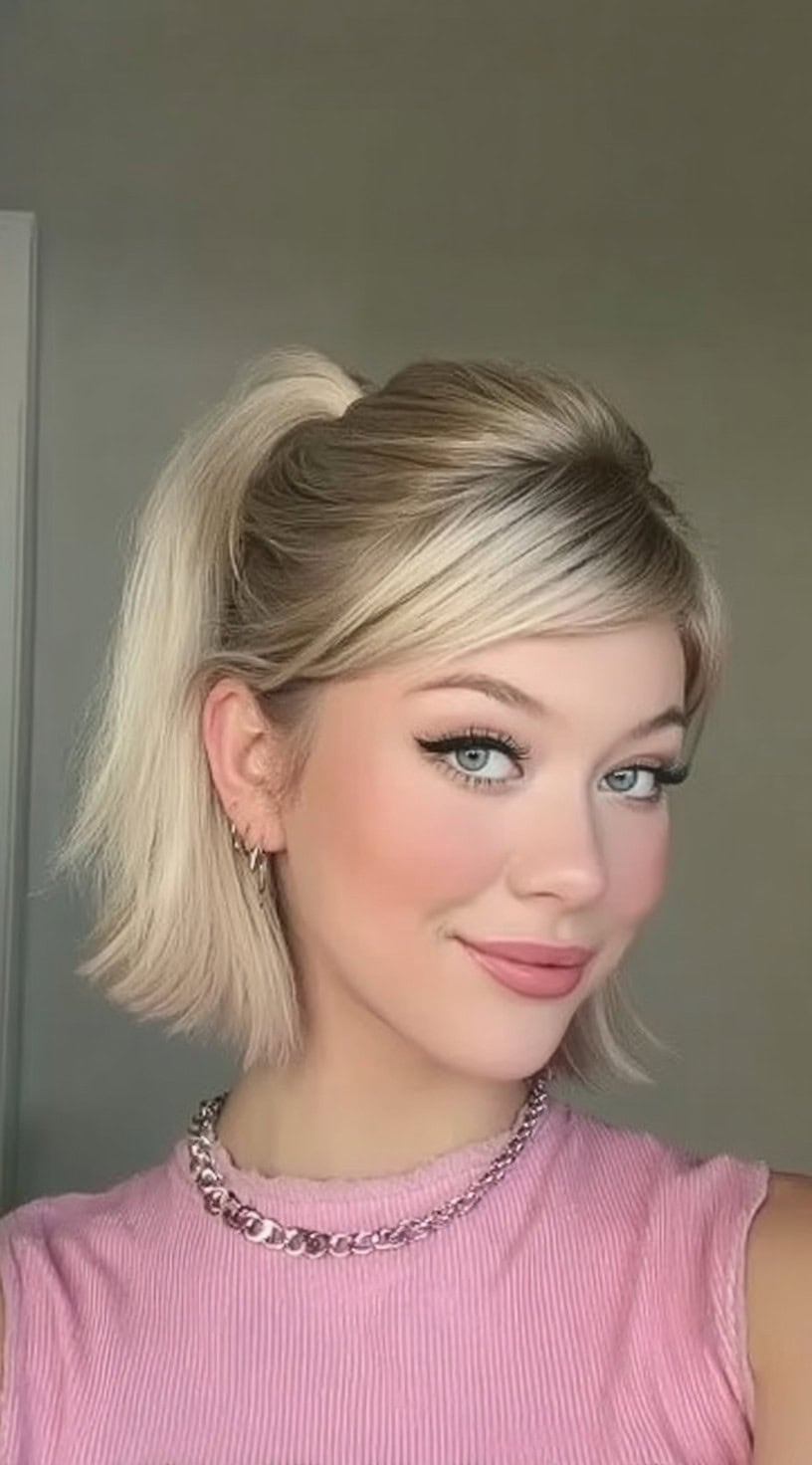 A young woman with short, chin-length blonde hair styled in a half ponytail with side-swept bangs and flipped ends.