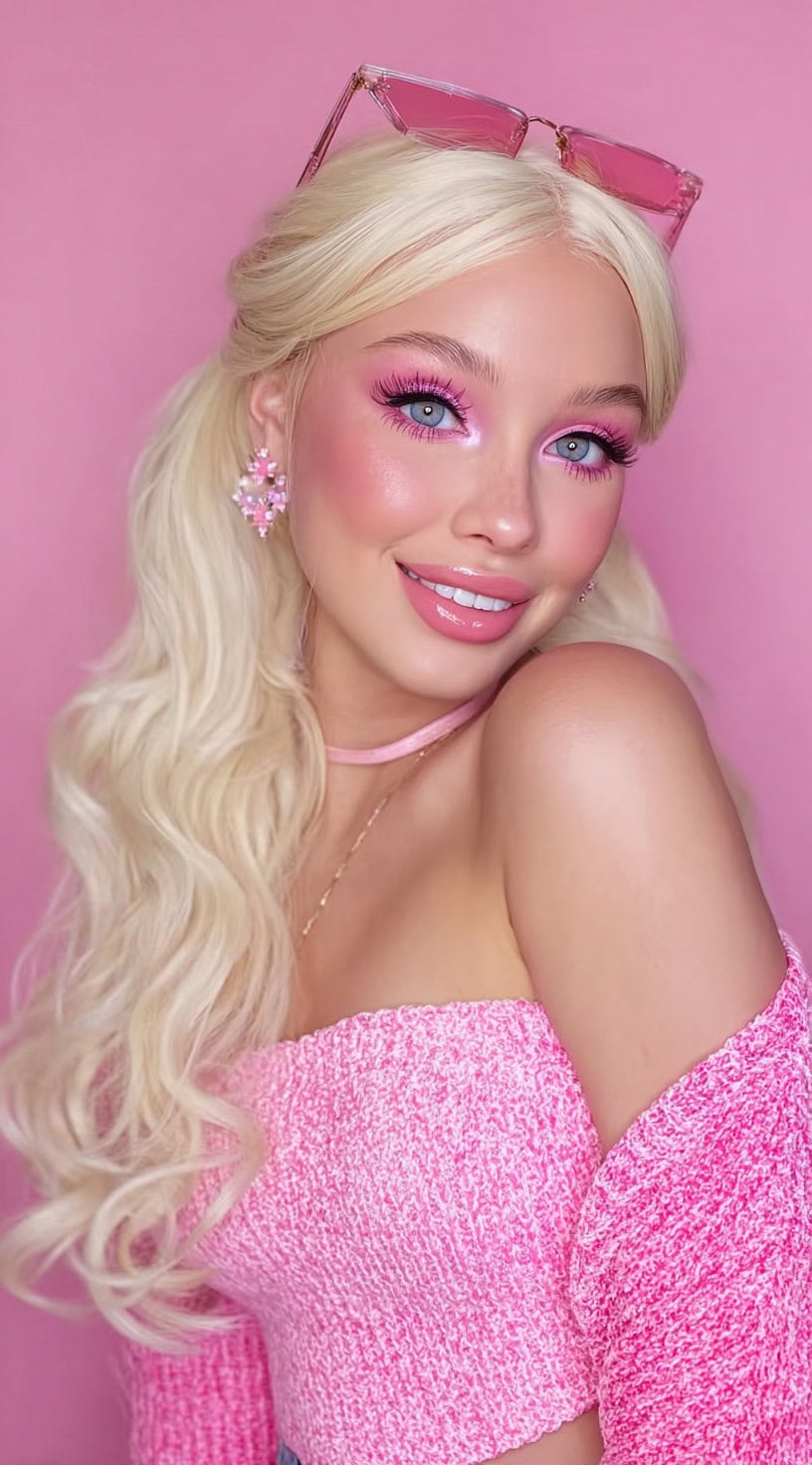 A woman with long platinum waves styled in low side pigtails, paired with bright pink makeup and Barbie-pink sunglasses resting on her head.