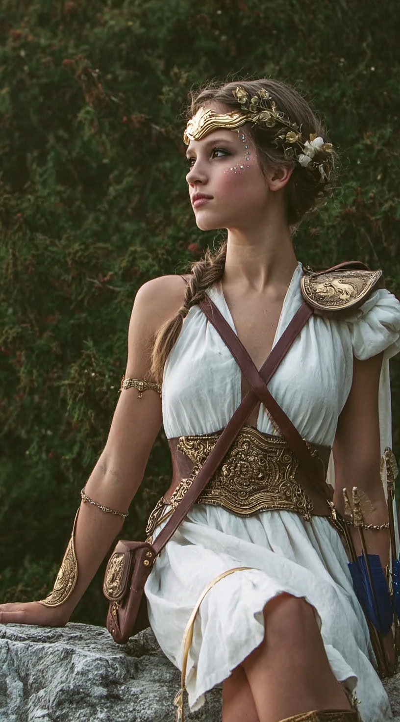 Profile of a woman in a warrior costume with a side braid, golden headpiece, and floral hair details.
