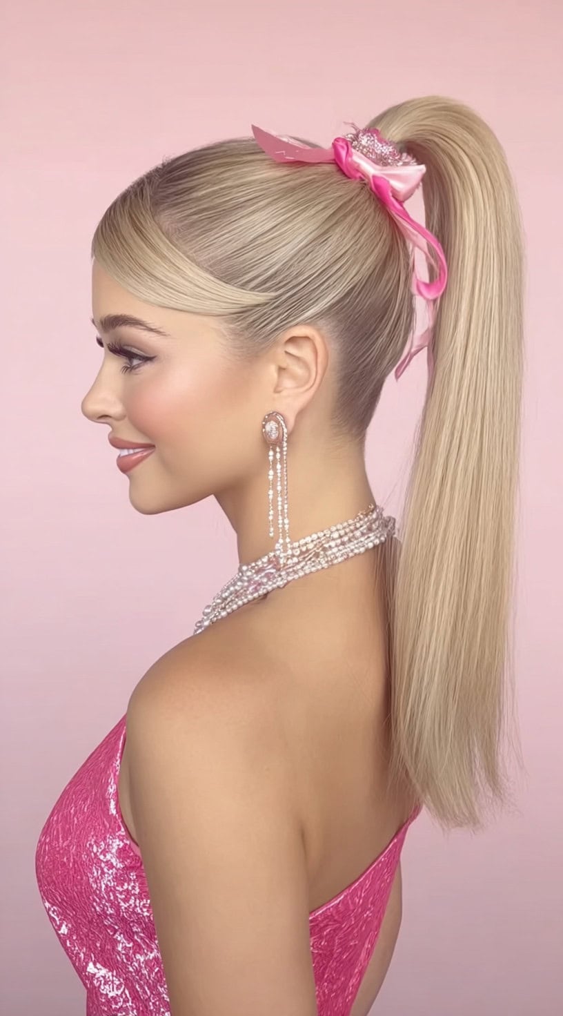 A side-profile of a woman with ultra-sleek blonde hair in a high ponytail, accessorized with a shiny pink satin bow and pearl jewelry.