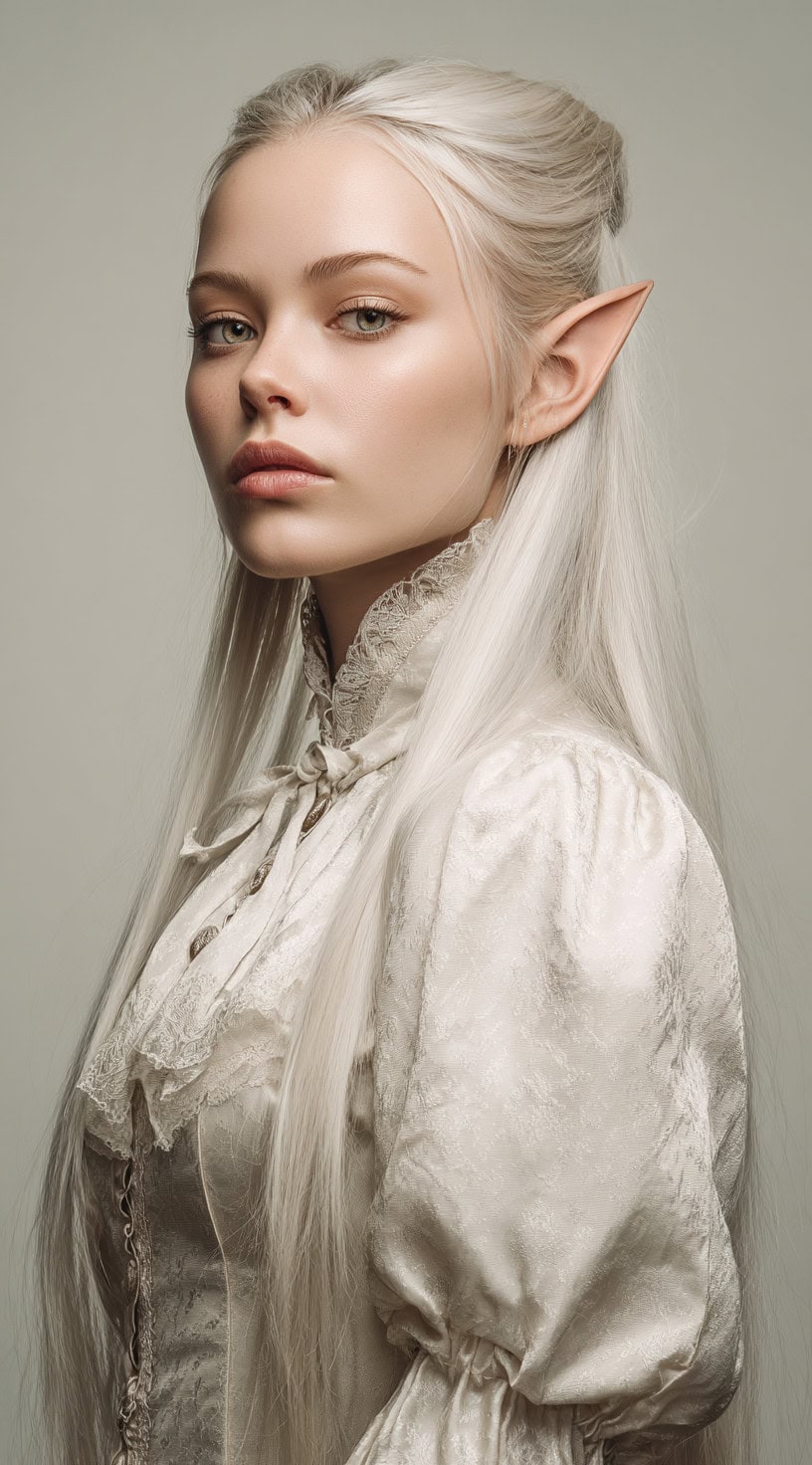 A platinum-haired elf with sleek straight hair pulled into a half-up style, wearing a vintage high-collared blouse.