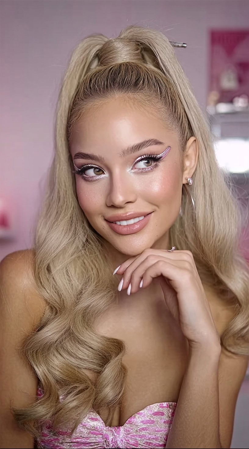 A woman with long, blonde, softly curled hair styled in a sleek high ponytail, paired with dramatic graphic eyeliner and a strapless pink top.