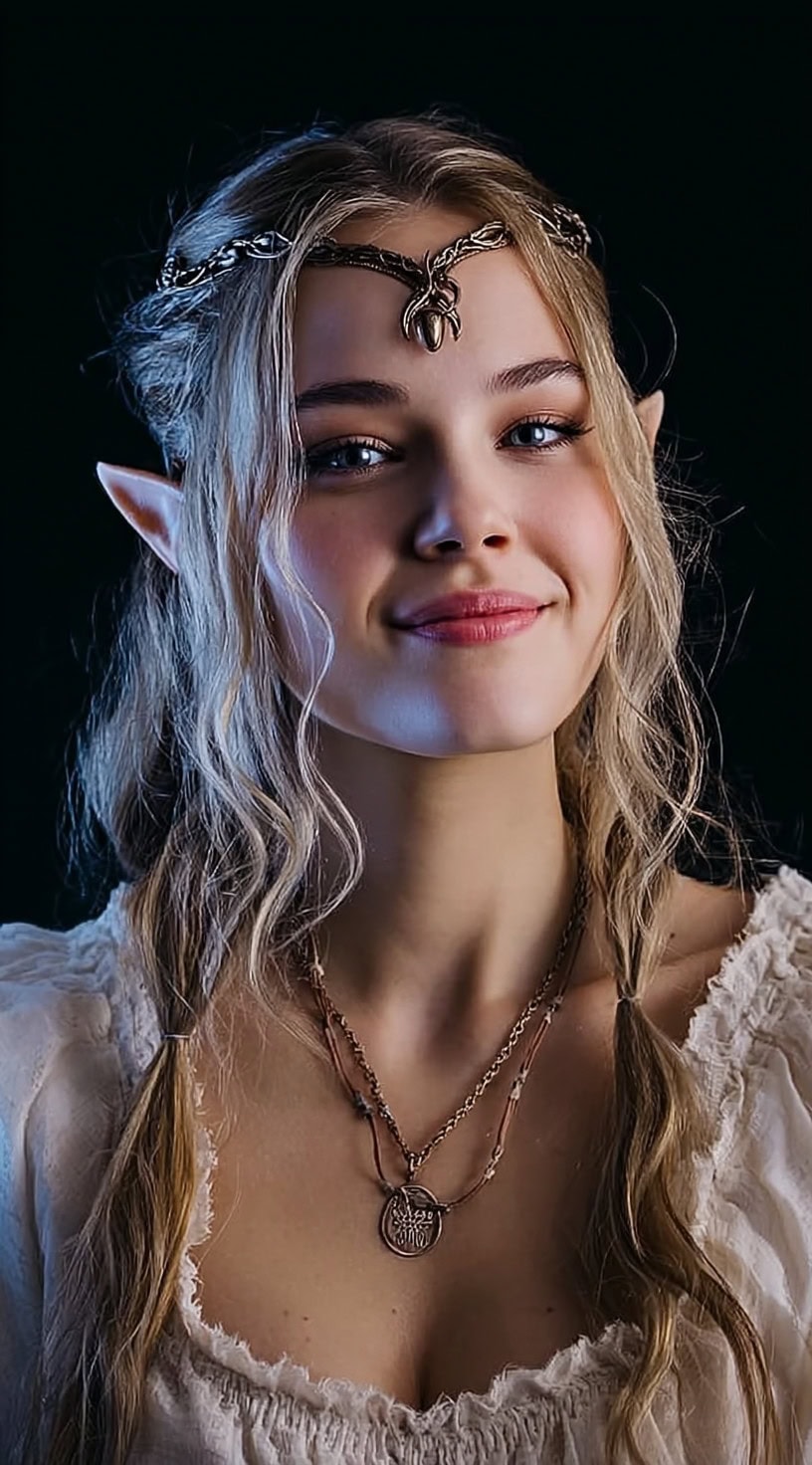 A young woman with light blonde hair styled in gentle waves, elf ears, and a silver circlet resting on her forehead.