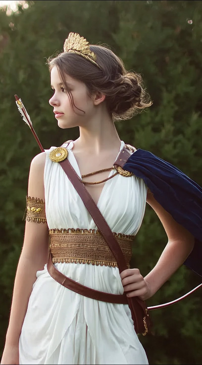 Side profile of a woman with a low tucked bun and a golden leaf tiara resting just above the forehead.