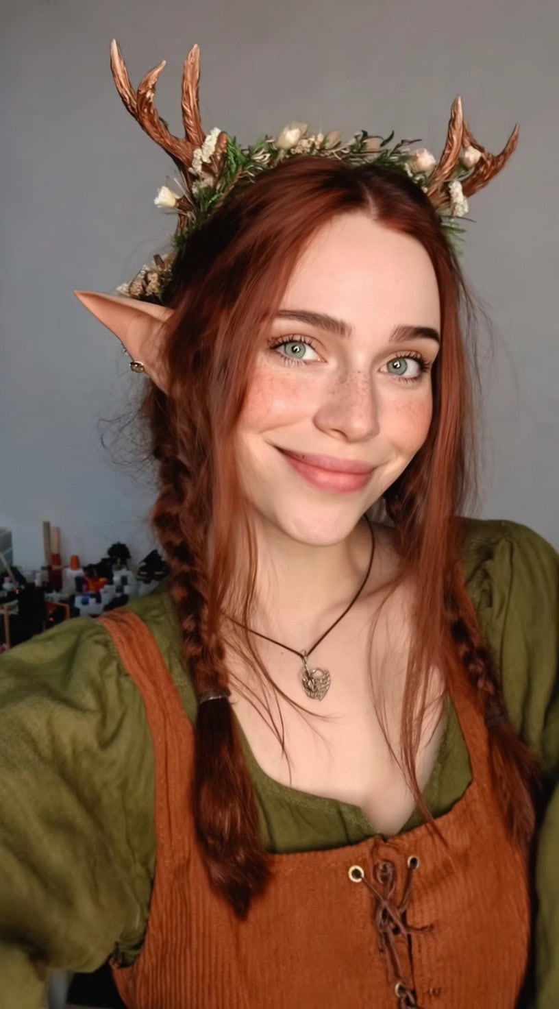 A cheerful woman with two loose braids, red hair, elf ears, and a crown of antlers and flowers.
