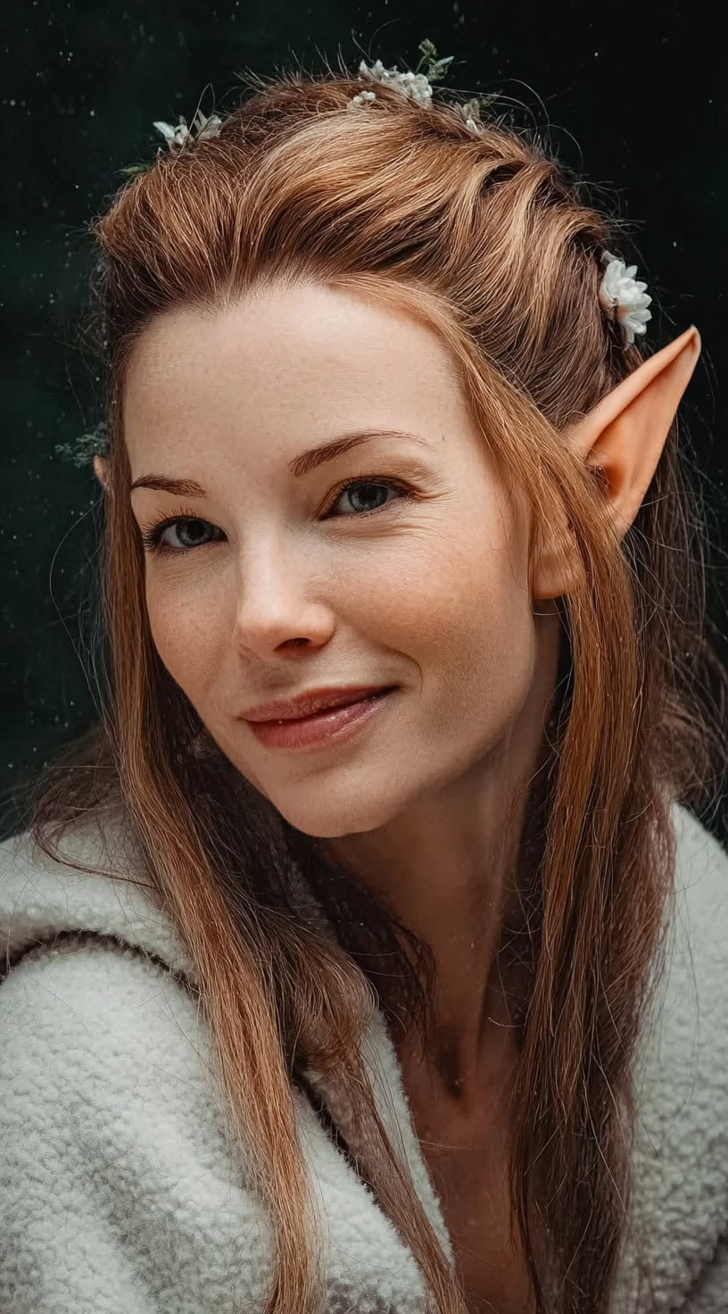 A smiling woman with straight auburn hair styled in a twisted half-updo, elf ears, and tiny white flowers pinned at the crown.