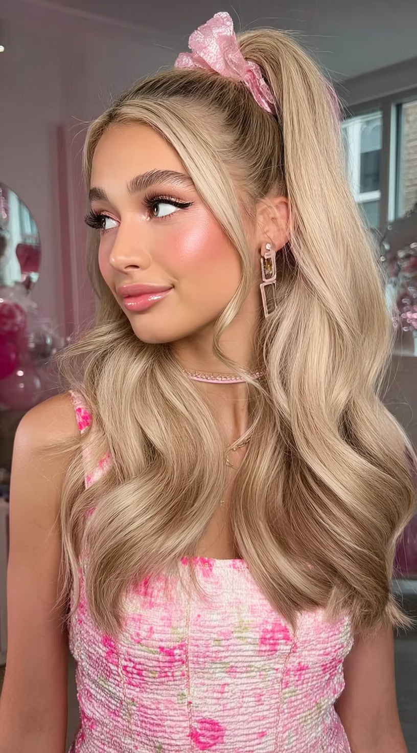 A woman with long blonde hair styled into a voluminous half-up ponytail secured with a large pink scrunchie and flowing barrel curls.