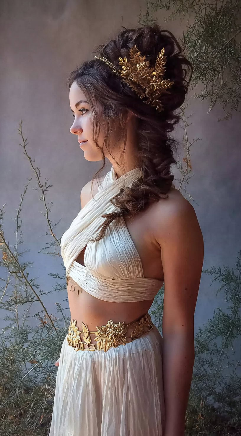 Side profile of a woman with a voluminous updo featuring loose twists and gold fern-like accessories.