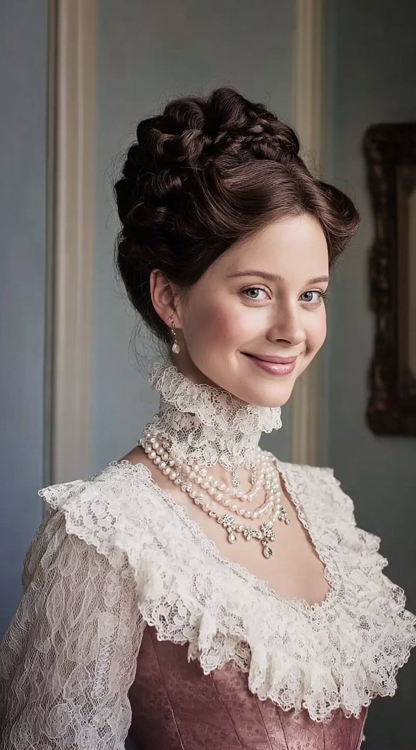 Smiling woman in a Victorian lace dress with hair styled in a braided crown and full curls pinned high on the head.
