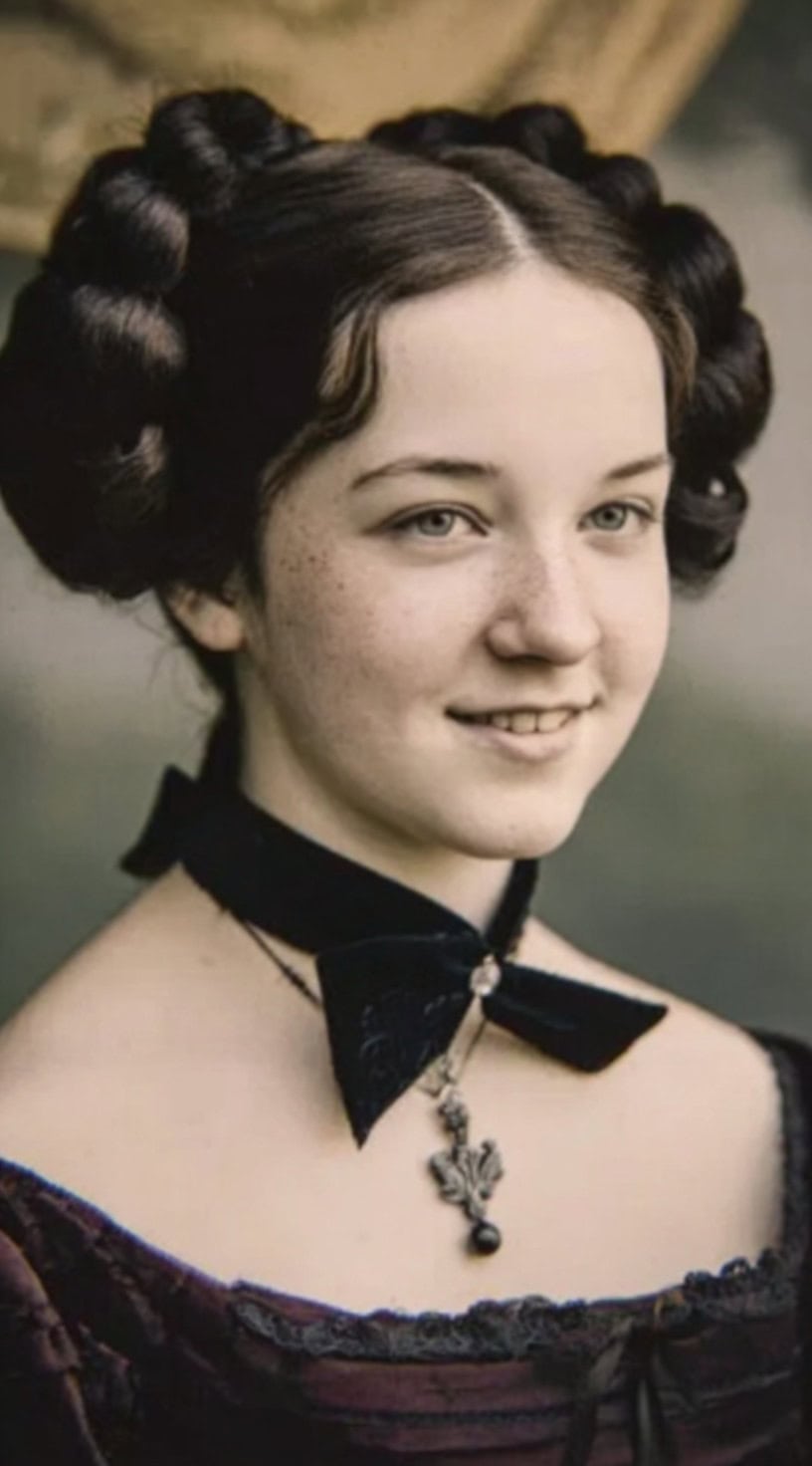 Young woman with dark hair styled into symmetrical side loops, center parting, and a black velvet ribbon choker.