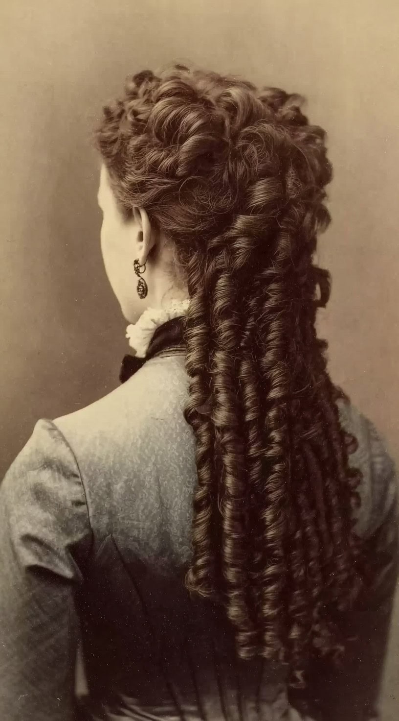 Back view of a woman with a half-up Victorian hairstyle featuring structured ringlets cascading down her back.
