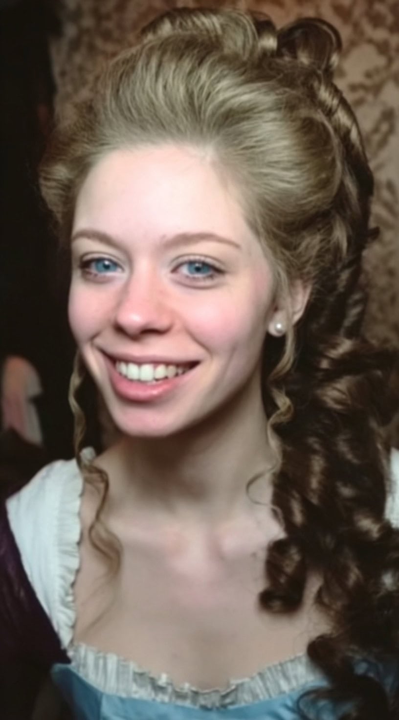 Smiling woman with blonde hair styled in a high Victorian pompadour and long cascading ringlets over the shoulders.