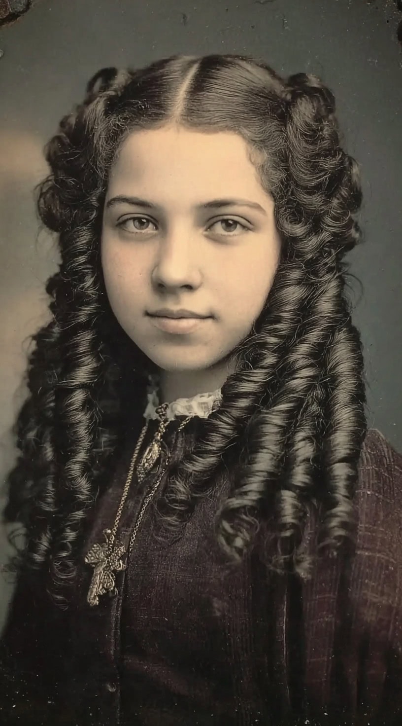 Young woman with long, glossy Victorian ringlets and a center part, wearing a dark dress with a cross pendant.