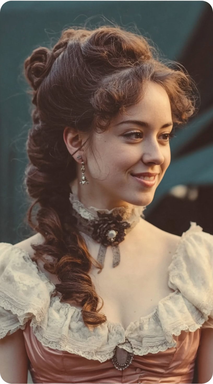 Smiling woman with side-swept Victorian braid and soft waves, paired with lace-trimmed gown.