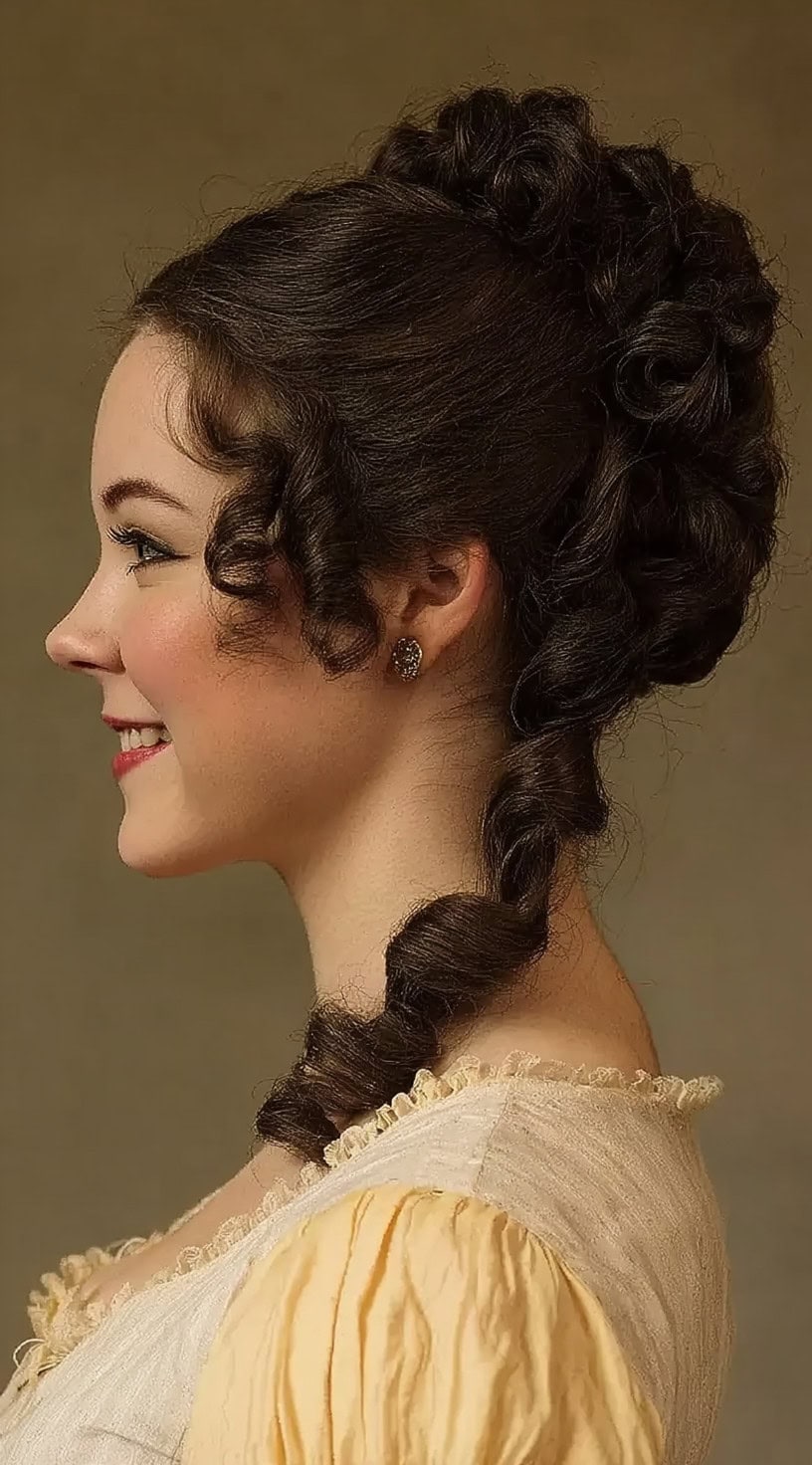 Profile view of a woman with dark hair styled into a structured rope braid adorned with large ringlets.