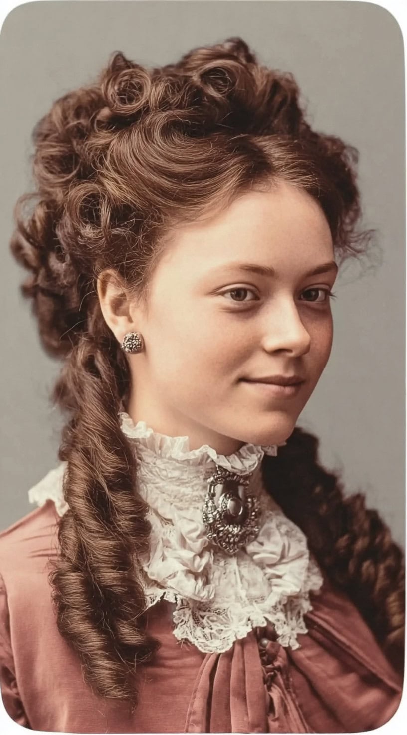 Young woman with two long rope braids and pinned curls at the crown, wearing a high lace collar.